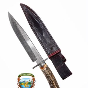 cuchillo cabo de ciervo pomo de damasco nikel hoja mono acero largo total 40 cm largo de hoja 28 cm